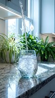 Fresh water pouring into glass on granite kitchen counter with green plants and natural window light creating healthy hydration lifestyle scene.