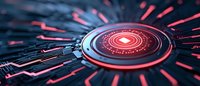Futuristic red glowing circular technology core with radiating light beams on dark circuit background, representing digital innovation and advanced computing systems.