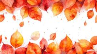 Vibrant autumn leaves in orange and red watercolor create border frame on white background, seasonal fall foliage design with delicate paint splatter texture.