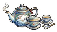 Ornate porcelain teapot set with matching cups, saucers and spoon featuring blue and floral decorative patterns. Isolated on white background, ready for design use.