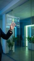 Businessman in dark suit touching holographic display showing environmental, social, governance metrics and sustainability data analytics in modern office with glass walls and neon lighting.