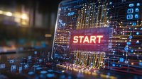 Glowing start button on digital circuit background with neon blue light effects and electronic pathways, representing technology innovation and digital transformation.