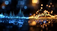 Abstract audio waveform visualization with blue and golden bokeh lights on dark background, reflecting on glossy surface creating magical atmosphere.