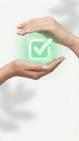 Female hands protecting green glowing checkmark icon symbol representing approval, verification, quality assurance and business success concepts.
