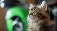Fluffy long-haired cat with attentive expression and distinctive pointed ears gazes upward against blurred background with green element, showcasing feline curiosity and grace.