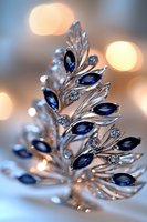 Elegant silver brooch with deep blue sapphire stones and crystal accents captured in macro against soft bokeh background, luxury jewelry photography.