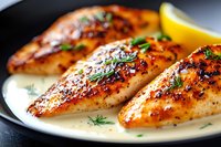 Grilled chicken breast fillets with creamy sauce, fresh herbs and lemon on black plate, close up view showing juicy texture and caramelized surface.