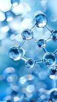 Molecular structure with glass-like spheres connected by silver rods on soft blue bokeh background, representing scientific research and chemical compounds.