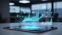 Digital tablet displaying holographic financial charts and data analytics with glowing blue graphs projecting upward growth trends in modern office.
