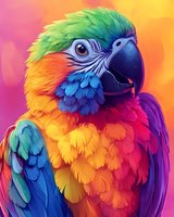 Vibrant rainbow macaw parrot portrait with detailed feathers in bright colors of blue, yellow, red and green against pink and orange background. For wall art and prints.