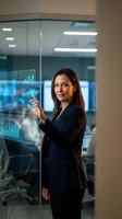 Professional businesswoman analyzing financial data on futuristic holographic display in modern office environment for corporate presentations.