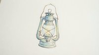 Vintage kerosene lantern with weathered turquoise finish and glowing candle inside, isolated on white background for design projects and illustrations.