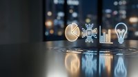 Business strategy icons floating above reflective surface with blurred city lights background representing time management, teamwork, growth analytics.