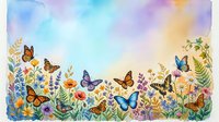 Watercolor garden scene with colorful butterflies flying among wildflowers and plants against dreamy pastel sky background for spring nature designs.