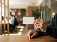 Mature man with wedding ring holding blank white business card at wooden table in modern office lobby with blurred colleagues in background, suitable for corporate branding and professional networking materials.