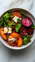 Fresh salad bowl with colorful heirloom tomatoes, quinoa, feta cheese cubes, basil leaves and olive oil dressing on marble background, overhead view.