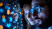 Bearded Caucasian man and woman in profile against dark background with blue and orange bokeh lights creating magical atmosphere for creative portraits.