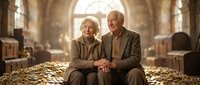Elderly Caucasian couple sitting together in sunlit church interior, holding hands and smiling warmly. Golden light streaming through windows creates romantic atmosphere.