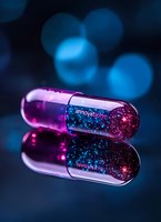 Glowing pharmaceutical capsule with sparkling pink and blue contents reflected on dark surface against blurred bokeh background, representing medical innovation.
