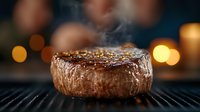Juicy grilled beef steak with steam rising and golden bokeh lights in background on black grill grates, close-up view showing seared crust and seasoning.