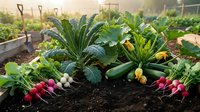 Vegetable garden with growing zucchini, radishes and leafy greens in raised beds with tools, suitable for farming, agriculture and gardening content.