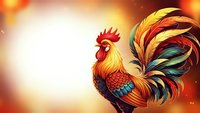 Colorful rooster with vibrant plumage stands proudly against warm golden background with bokeh lights for festive designs and celebrations.