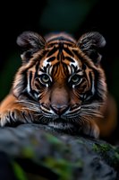Close-up portrait of young tiger cub with intense green eyes resting head on rock against dark background. Dramatic lighting highlights facial features and striped pattern.