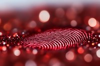 Red glowing fingerprint pattern on dark background with bokeh light effects, representing digital security and biometric identification technology.