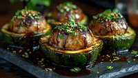 Stuffed avocado halves with seasoned meat filling topped with fresh herbs and seeds on dark slate surface for healthy gourmet cooking recipes.