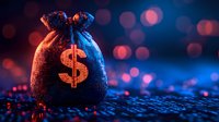 Money bag with glowing dollar symbol on dark background with red and blue bokeh lights, dramatic financial concept for wealth and prosperity.