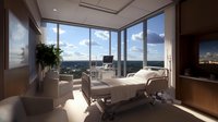 Modern hospital room with panoramic city view through floor-to-ceiling windows, medical bed, equipment and natural daylight creating healing environment for patients.