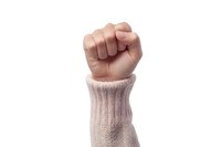 Raised fist in pink knitted sweater sleeve on white background, symbolizing female empowerment, solidarity, and social activism.