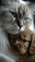 Close-up portrait of adorable ragdoll cat with blue eyes cuddling brown cocker spaniel puppy showing friendship between pets for veterinary and animal care concepts.