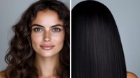 Young Mediterranean woman with contrasting hairstyles showing curly dark brown waves and straight black hair in side by side beauty portrait on gray background.