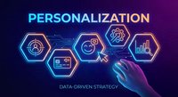 Personalization concept with glowing neon hexagonal icons showing data analytics, targeting, and customer engagement strategies on dark gradient background.