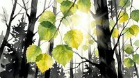Watercolor forest scene with sunlight filtering through green and yellow leaves on dark tree branches creating natural light effects for nature designs.