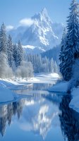 Majestic snow-covered mountain peak reflects in calm river waters surrounded by frost-covered pine trees and pristine winter landscape in ethereal blue tones.