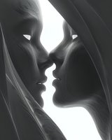 Sensual black and white artistic silhouette of couple about to kiss, faces close together in intimate moment showing romance and passion against light background.