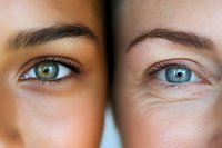Close-up comparison of two different women's eyes showing diversity in skin tones and eye colors, with one olive-toned and one fair-skinned person.