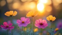 Vibrant cosmos flowers in pink and yellow blooms with golden sunset bokeh background, suitable for nature, garden, and seasonal design projects.