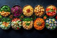Colorful variety of healthy bowls with fresh vegetables, rice, tofu, sushi rolls and salads arranged in a row on dark background. Food delivery menu concept.