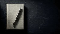 Closed notebook with beige linen cover and black pen on dark slate surface, overhead view for business, education, writing, and stationery design projects.