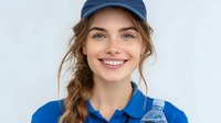 Young Caucasian woman in blue baseball cap and polo shirt smiling at camera with natural makeup and wavy brown hair for lifestyle marketing.
