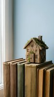 Miniature wooden house with moss on vintage books stack near window creating cozy reading nook atmosphere for home decor and literature concepts.