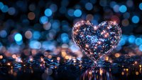 Glowing heart-shaped fairy lights creating romantic reflection on dark surface with blue bokeh background, magical holiday atmosphere for Valentine's day celebration.