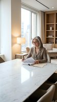 Professional mature Caucasian businesswoman with gray hair and glasses reviewing documents at marble table in modern office with city view.