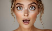 Young Caucasian woman with surprised expression, bright blue eyes, and natural makeup on neutral background. Perfect for beauty, emotion, or lifestyle content.