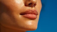 Close-up of plump, glossy lips and smooth skin against vibrant blue background, highlighting natural beauty and facial features for cosmetic advertising.