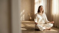 Young woman in white pajamas practicing meditation yoga in sunlit bedroom with peaceful morning atmosphere for wellness and mindfulness lifestyle.