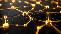 Digital network connections with glowing golden nodes and lines over dark circuit board background representing technology, connectivity and data transfer.